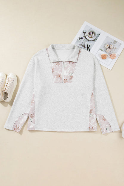 Plus Size Camo Patchwork Zipped Collar Pullover Sweatshirt