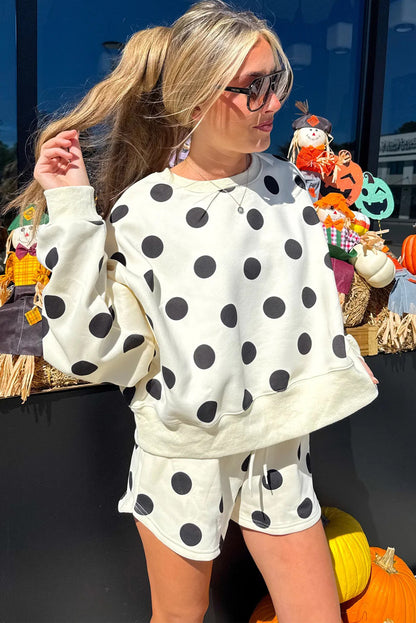Beige Polka Dot Print Drop Shoulder Pullover Drawstring Shorts Set
