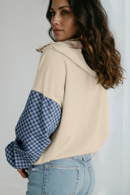Parchment Checkered Patchwork Kangaroo Pocket Half Zipper Hoodie