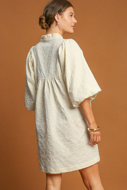 White Floral Textured Bubble Sleeve Frilled Notched Neck Dress Aaria Tees