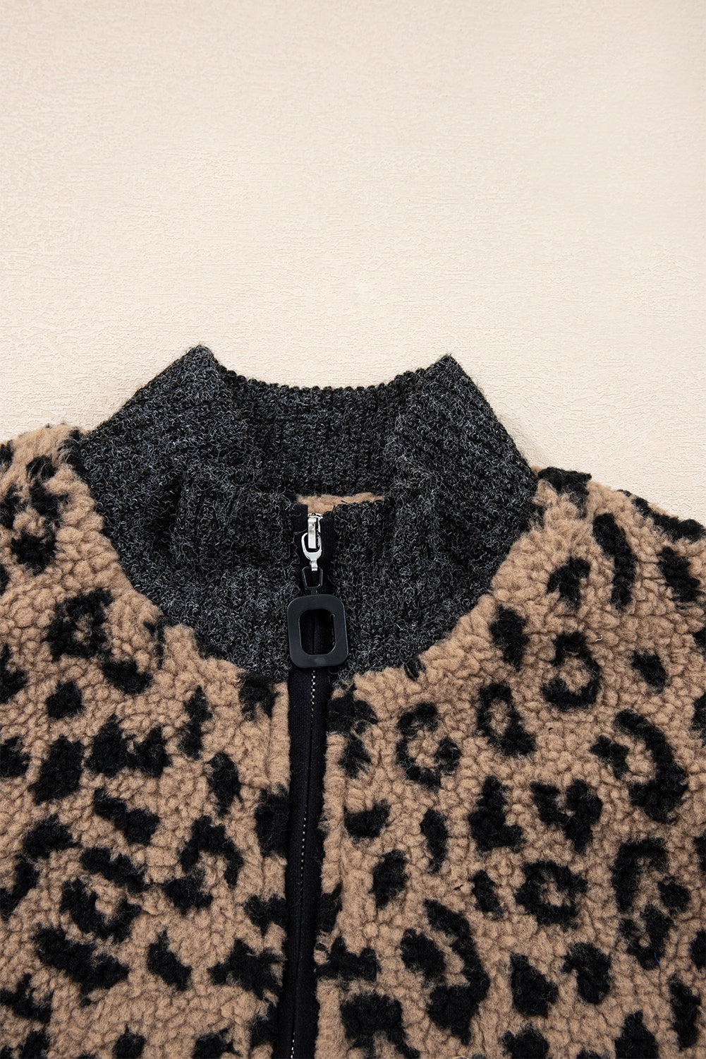 Leopard Zip-Up Stand Neck Side Pocket Jacket