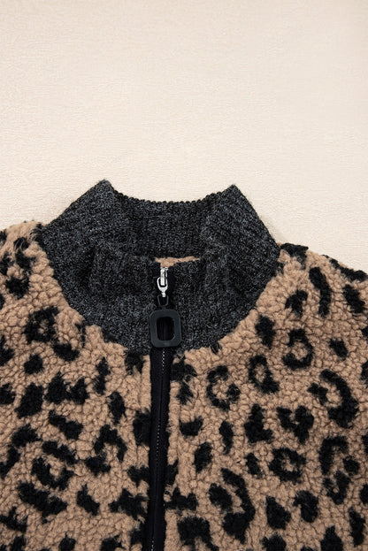 Leopard Zip-Up Stand Neck Side Pocket Jacket