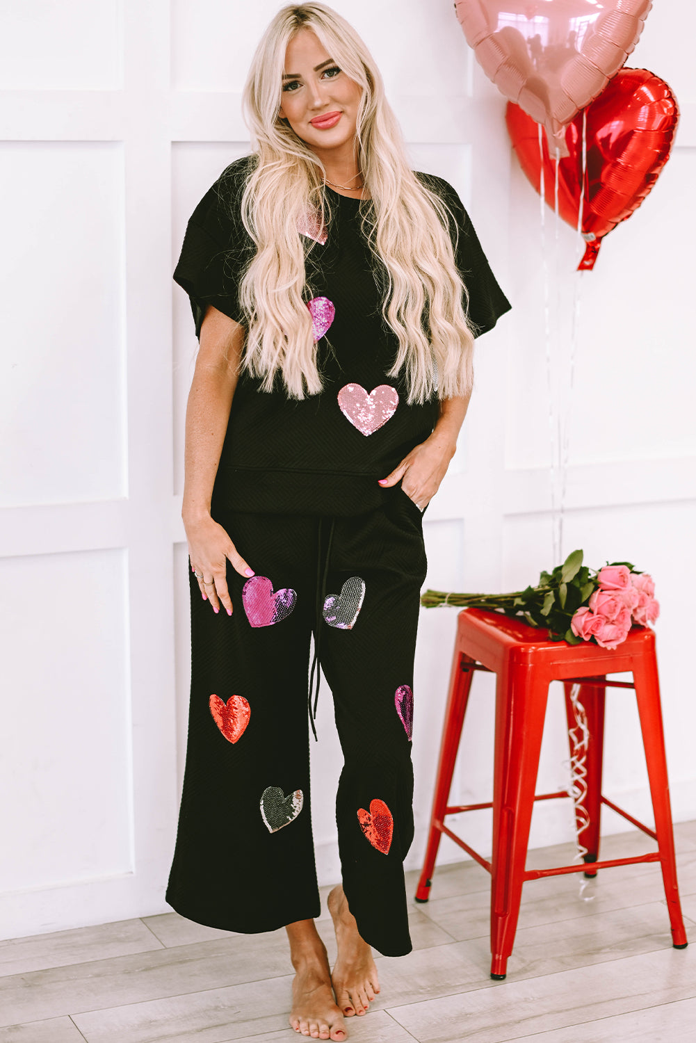 Black Sequin Heart Popping Graphic Textured 2pcs Outfit - Aaria Tees