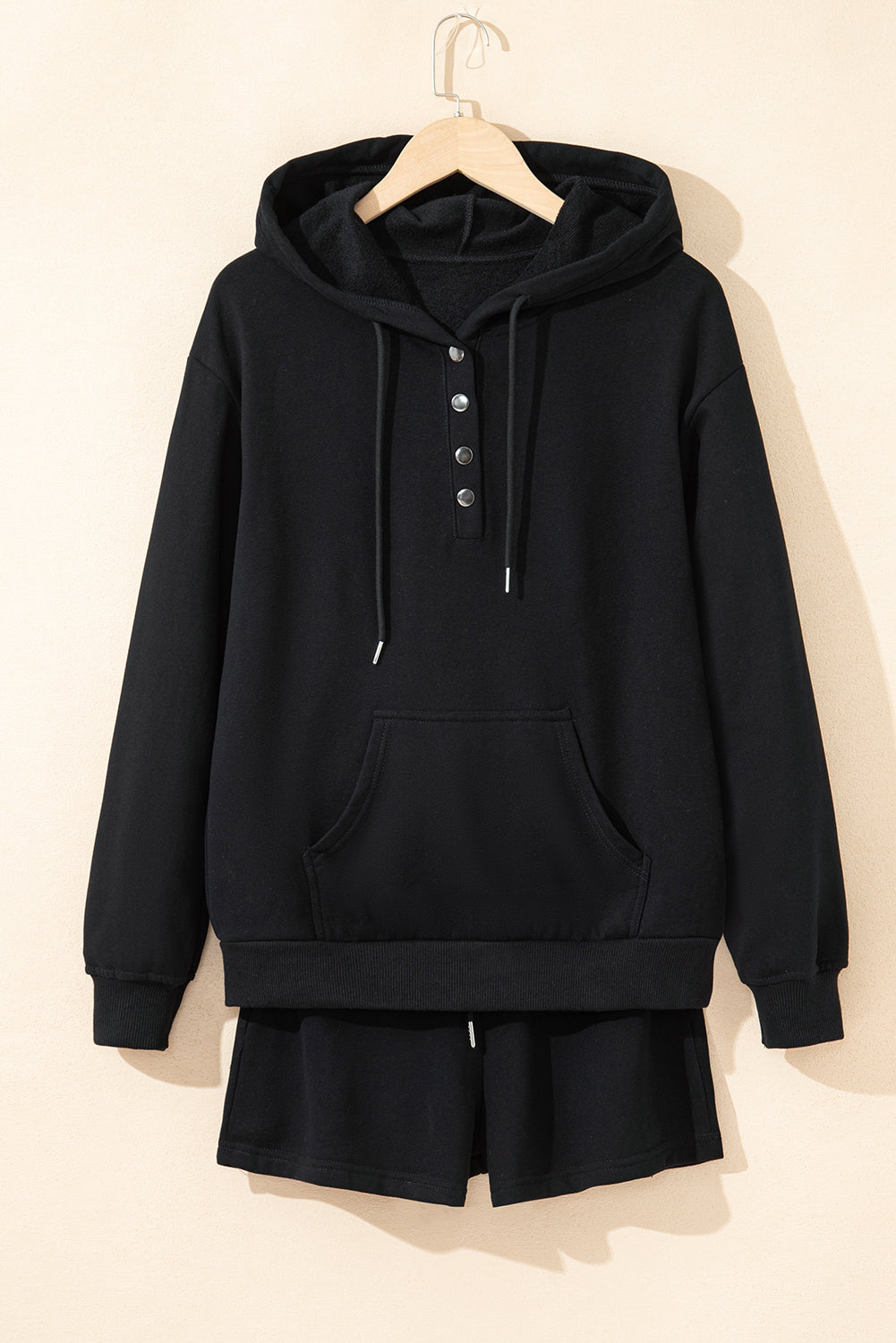 Black Button Drawstring Hooded Pullover and Casual Short Set