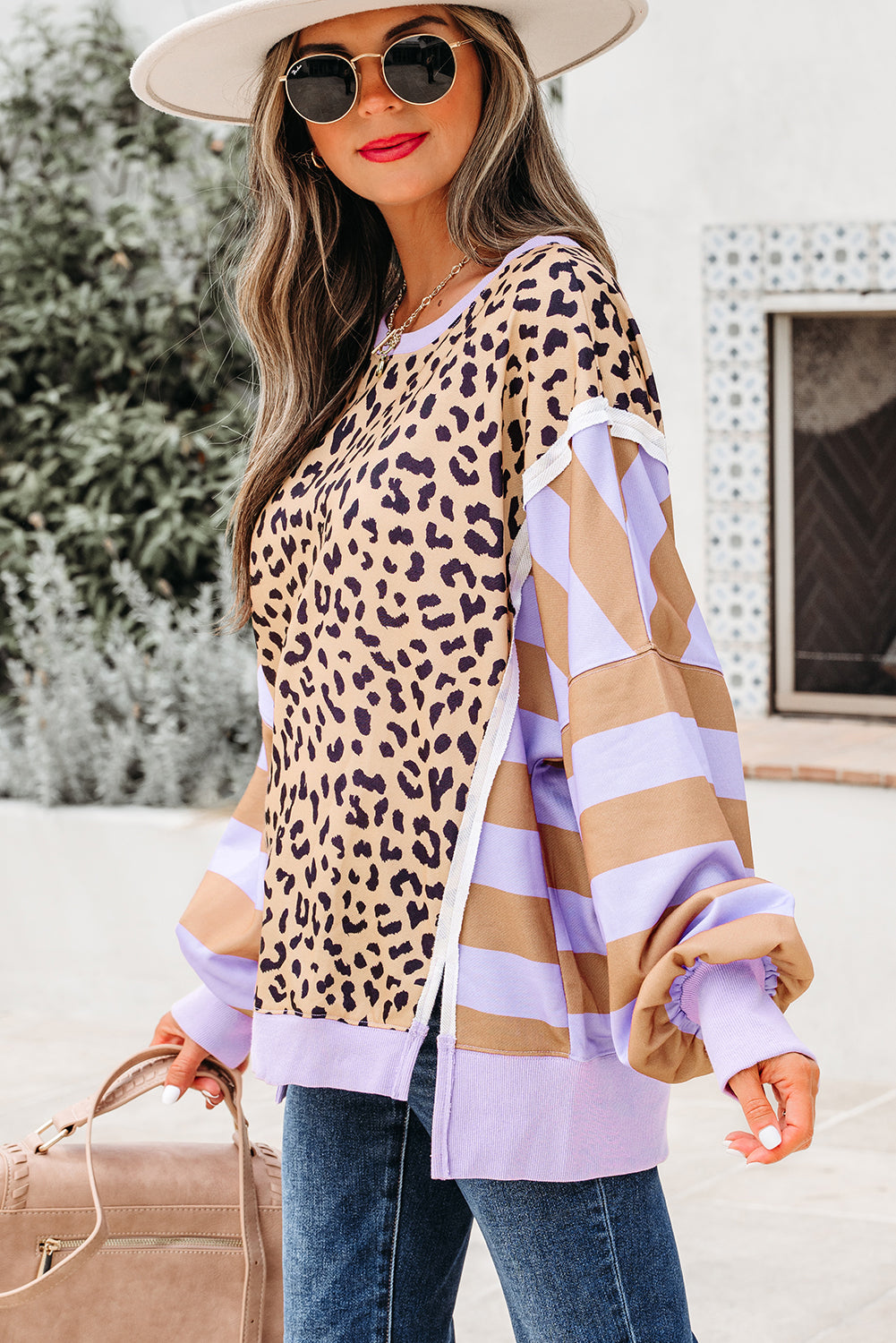 Leopard Stripe Colorblock Patchwork Sweatshirt