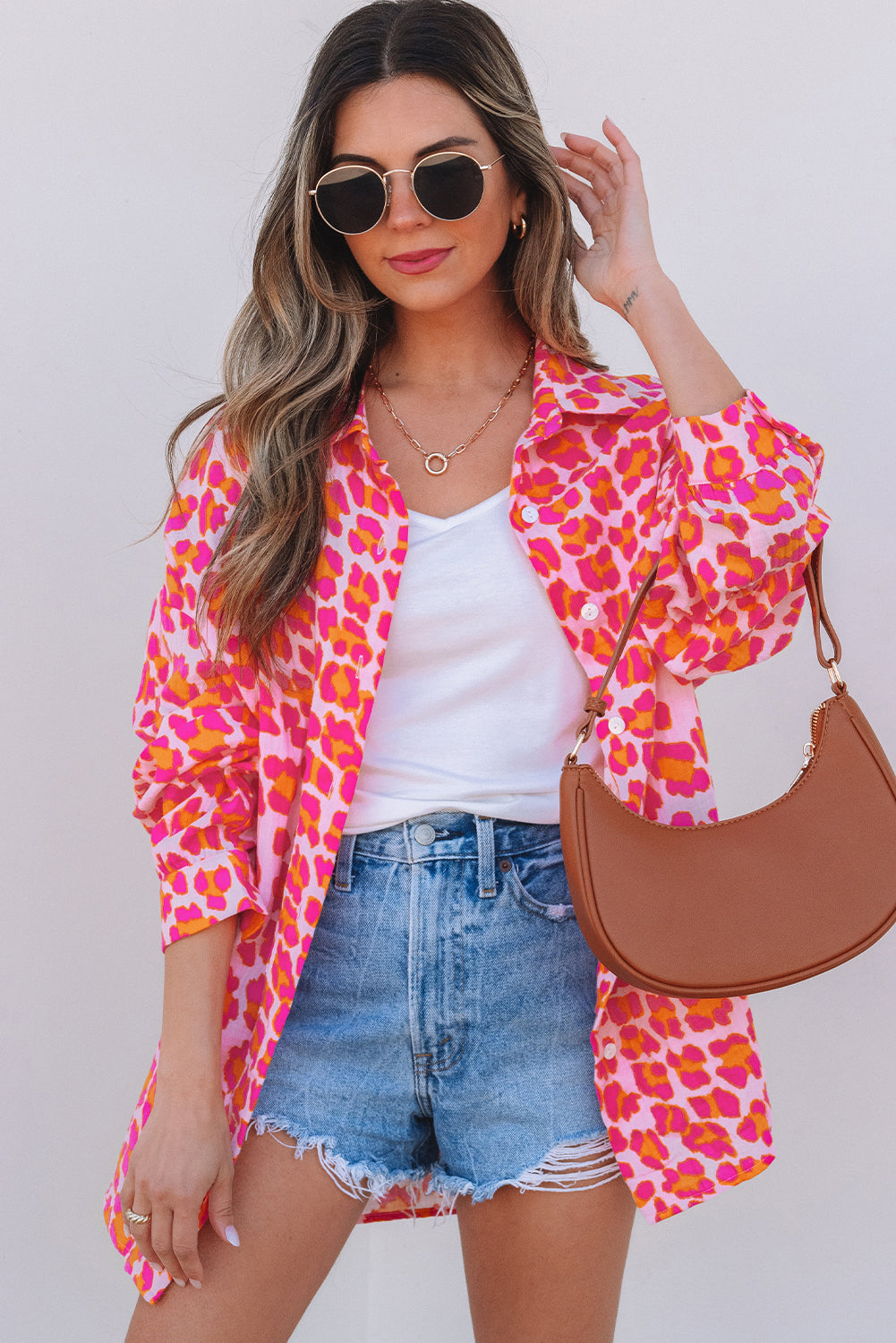 Rose Leopard Printed Button Up Loose Shirt - Aaria Tees