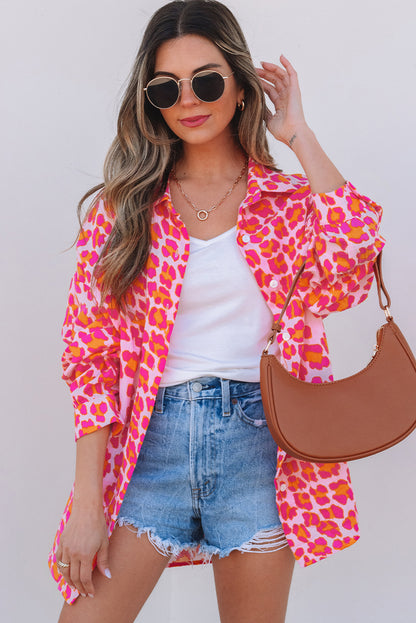 Rose Leopard Printed Button Up Loose Shirt - Aaria Tees