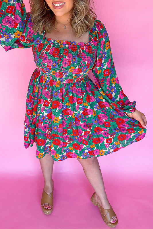 White Plus Size Floral Frilled Square Neck Shirred Long Sleeve Dress Aaria Tees