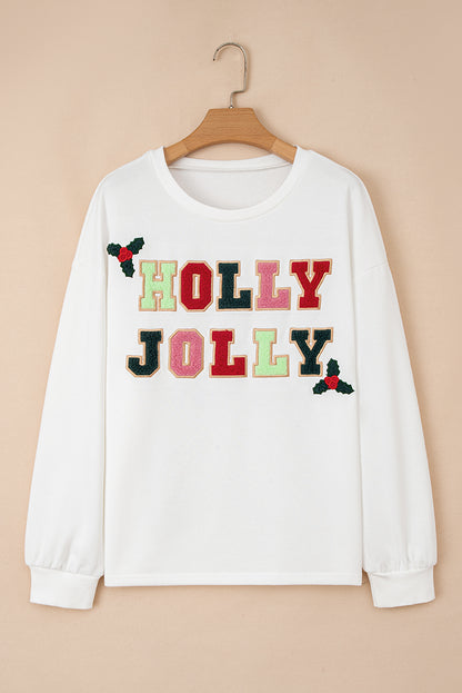 White HOLLY JOLLY Embroidered Graphic Pullover Sweatshirt