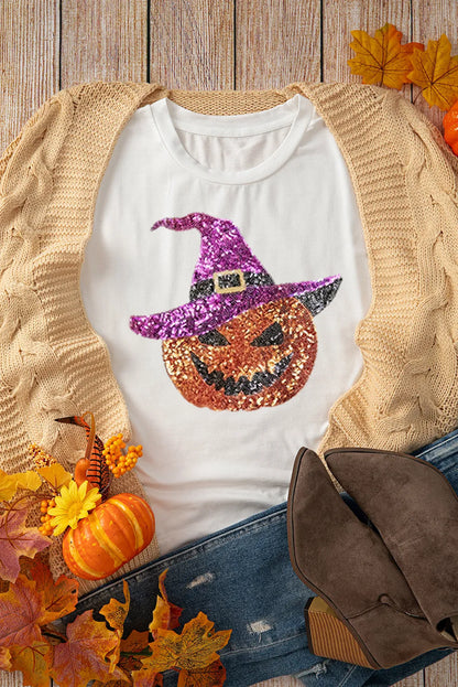 Sequin Pumpkin Round Neck Short Sleeve T-Shirt - Aaria Tees