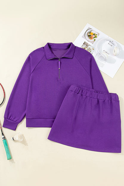 Wisteria Collar Half Zip Pullover Mini Skirt Plus Size 2pcs Set