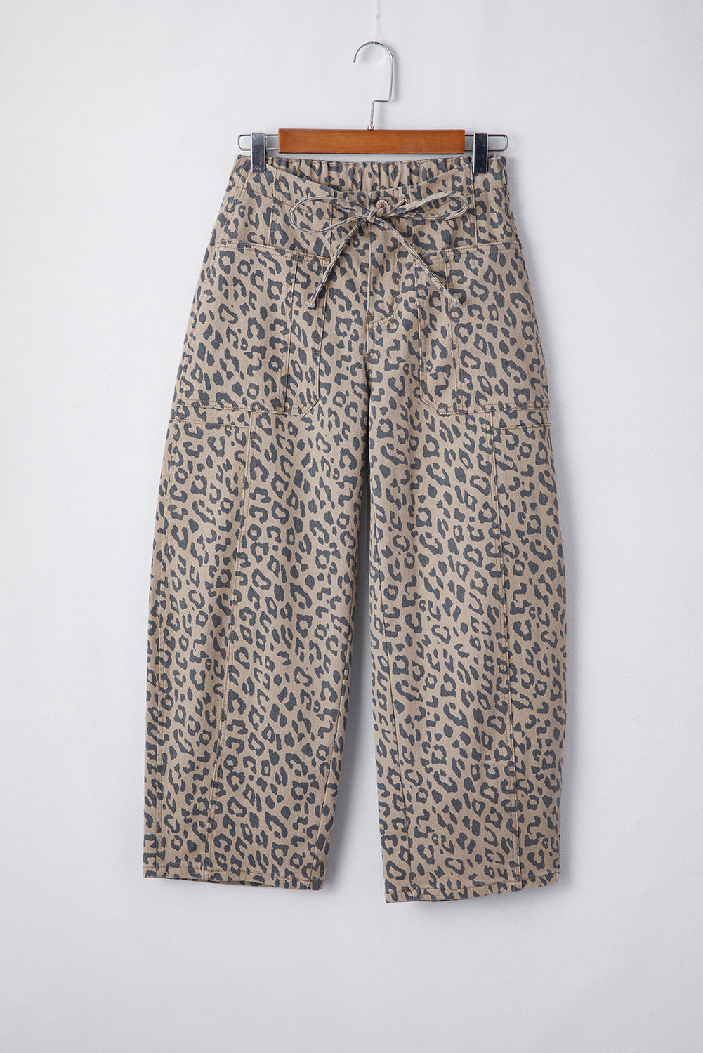 Blue Leopard Printed Drawstring Waist Pocketed Wide Leg Jeans