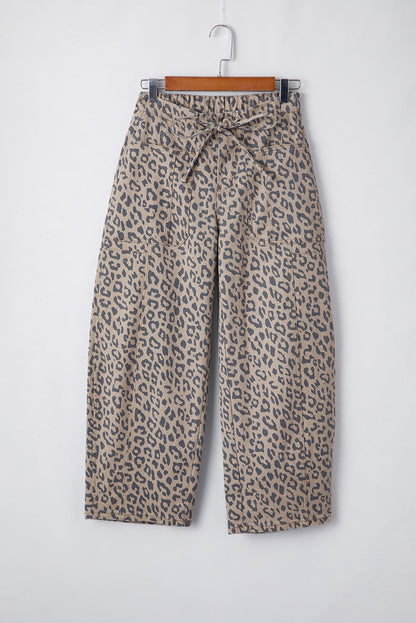 Blue Leopard Printed Drawstring Waist Pocketed Wide Leg Jeans