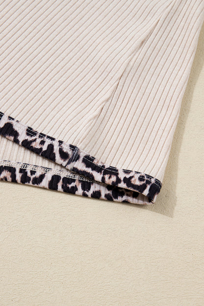 Parchment Ribbed Contrast Leopard Edge Round Neck Plus Knit Top