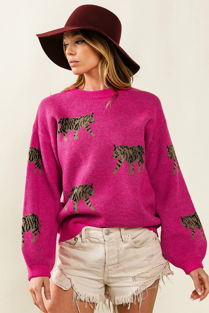 Rose Red Fierce Animal Pattern Casual Knitted Sweater Aaria Tees