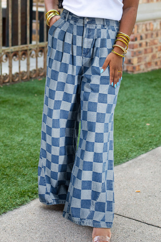 Dusk Blue Plus Size Checkered Seamed High Waist Wide Leg Jeans - Aaria Tees Aaria Tees