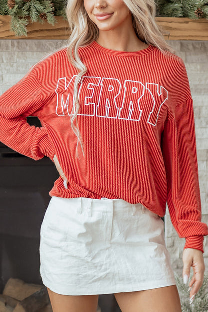 Christmas Merry Corded Knit Long Sleeve Top