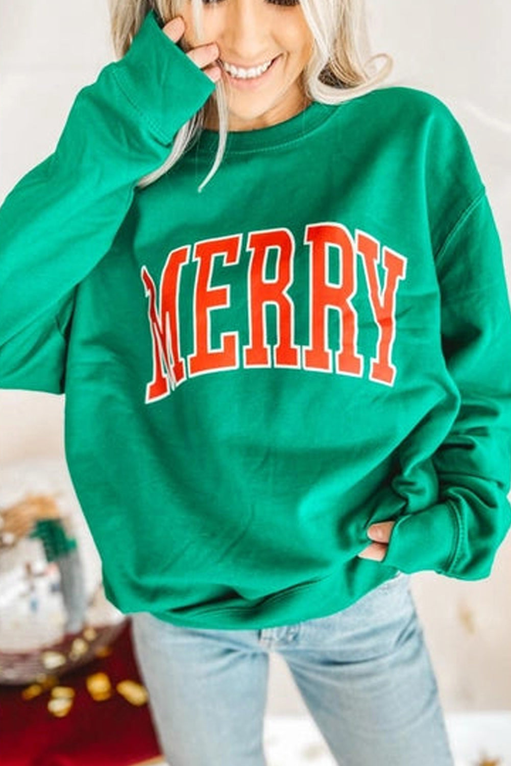 Bright Green MERRY Graphic Pullover Sweatshirt - Aaria Tees