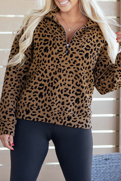 Leopard Quarter-Zip Drop Shoulder Sweatshirt