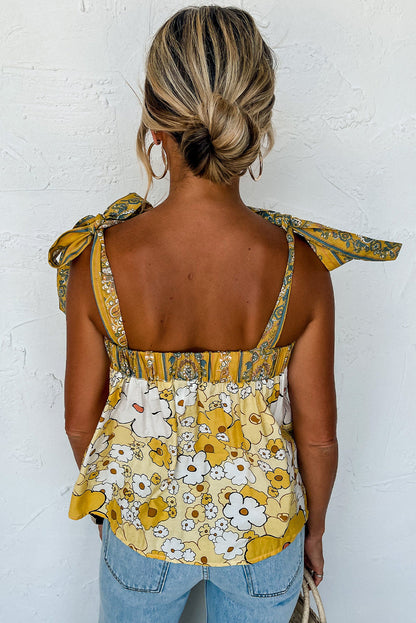 Yellow Floral Patchwork Tied Straps Buttoned Tank Top Aaria Tees