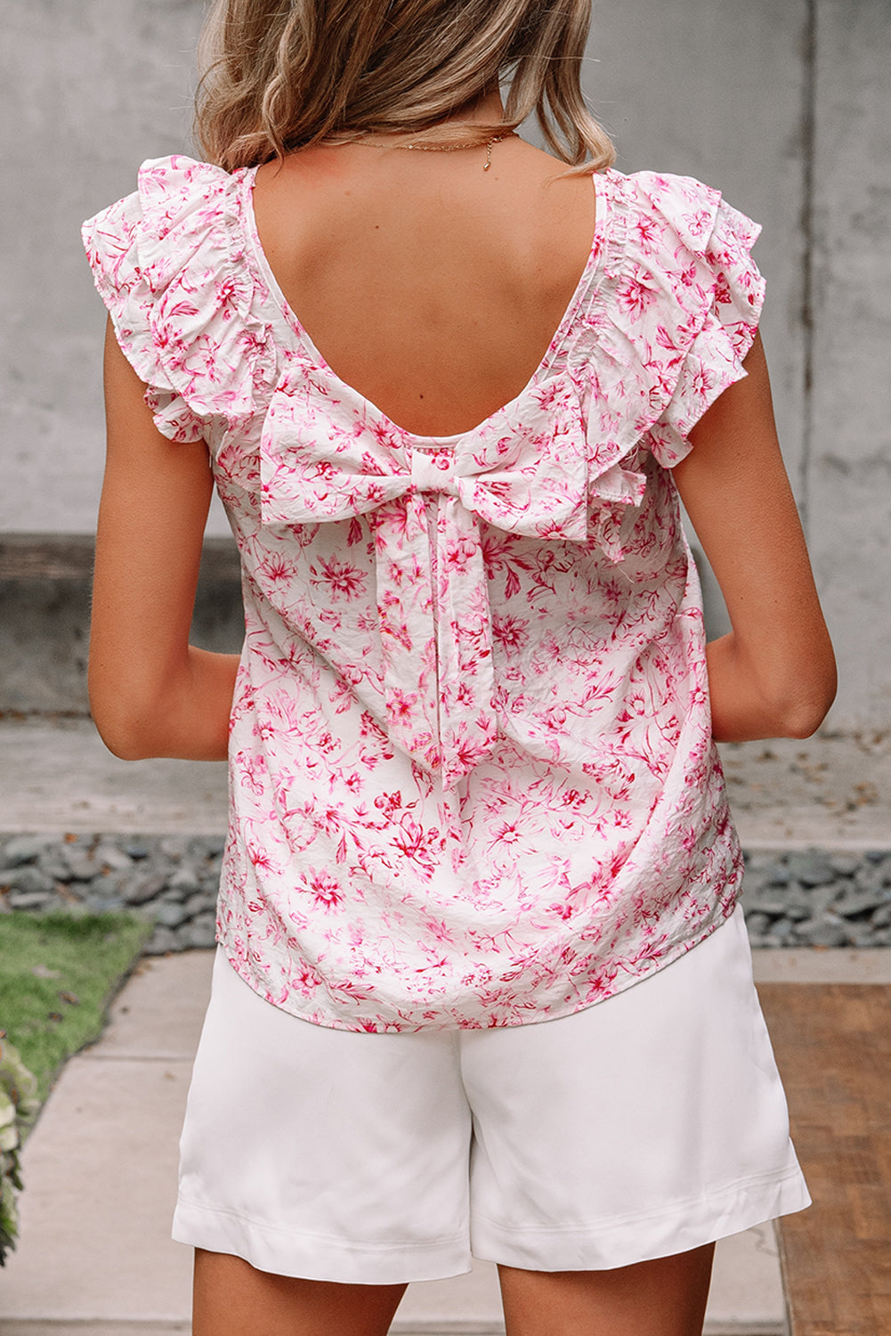 Sky Blue Floral Ruffled Short Sleeve Bow Back Square Neck Blouse