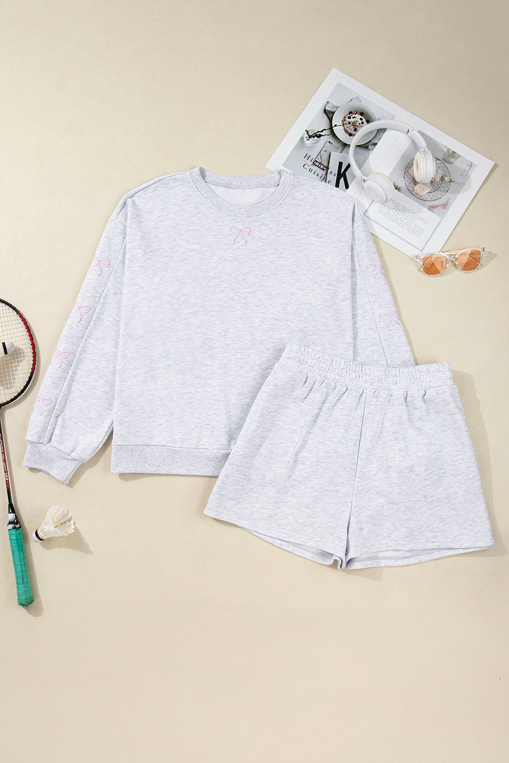 Plus Size Bow Embroidered Pullover and Shorts Set