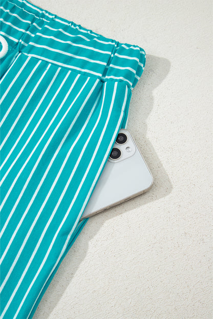 Sky Blue Stripe V Neck Tee and Casual Short Set