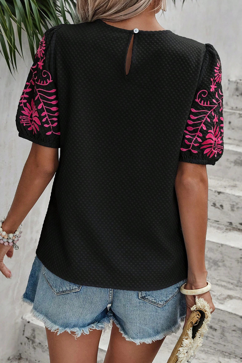 Black Floral Embroidered Textured Puff Sleeve T Shirt Aaria Tees