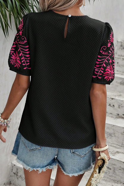 Black Floral Embroidered Textured Puff Sleeve T Shirt Aaria Tees