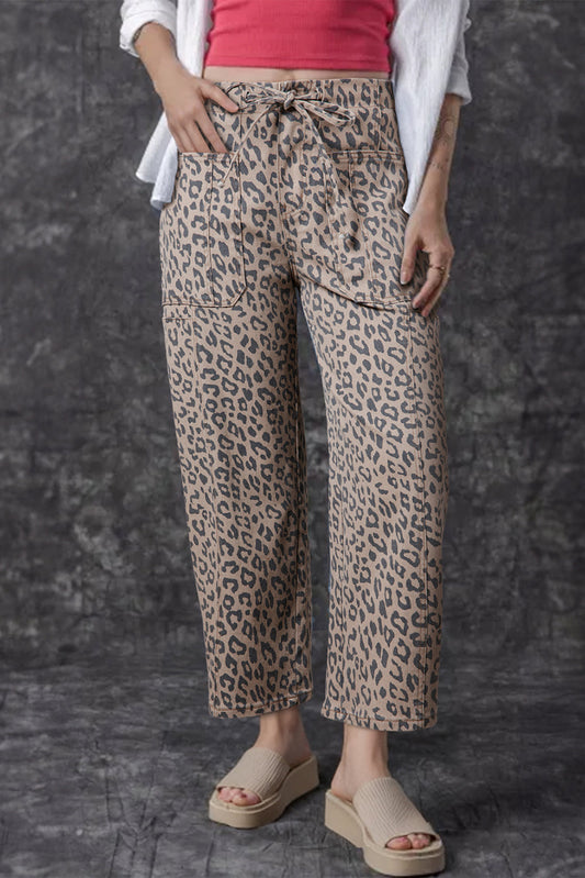 Leopard Drawstring Elastic Waist Pocketed Jeans