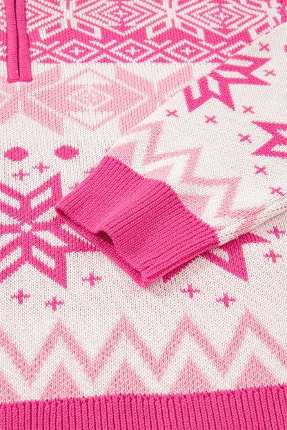 Geometric Christmas Snowflake Quarter Zip Collar Sweater