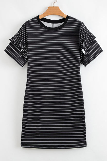 Stripe Ruffle Sleeve Crewneck T-Shirt Mini Dress