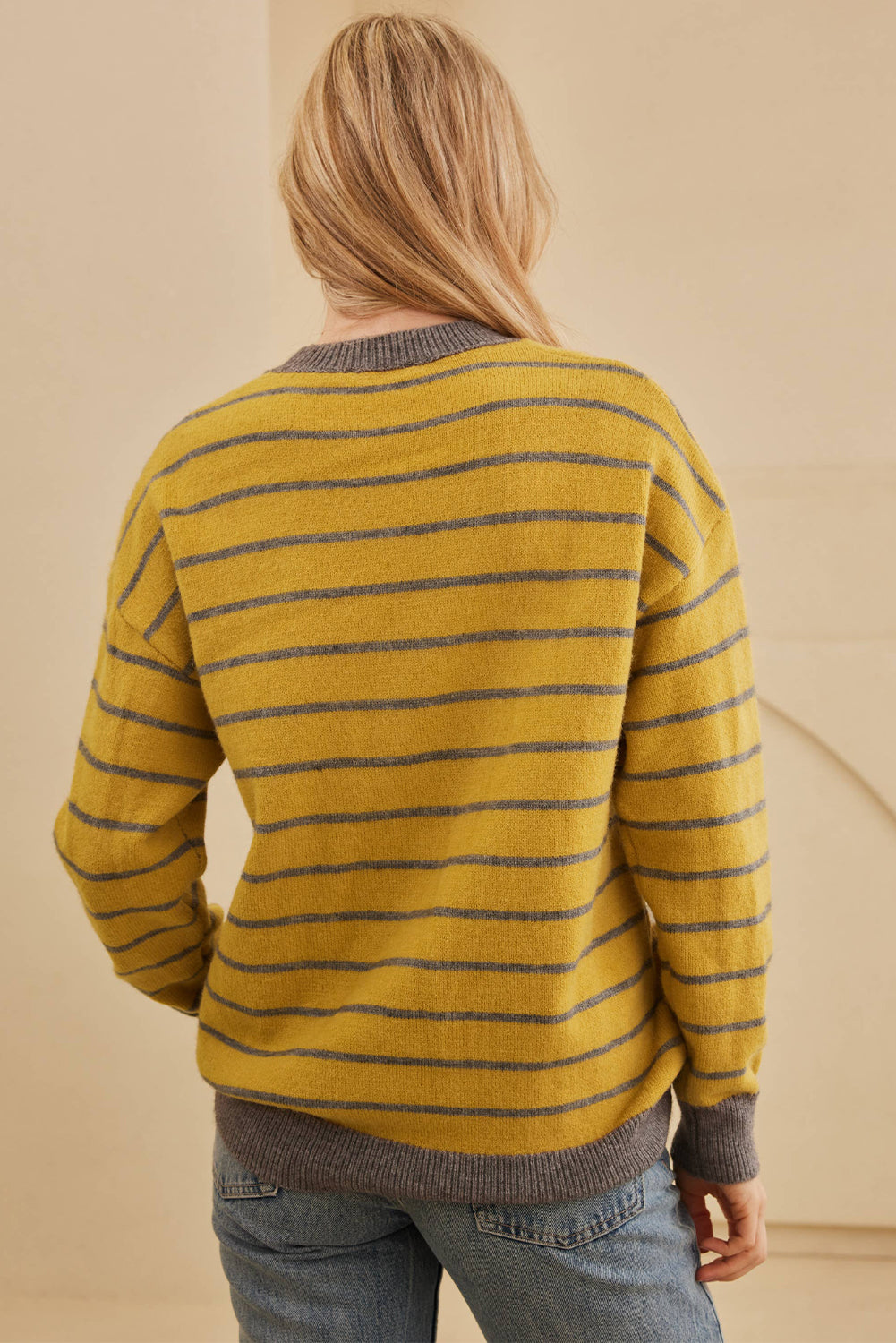 Yellow Stripe Daisy Floral Knitted Round Neck Sweater Aaria Tees