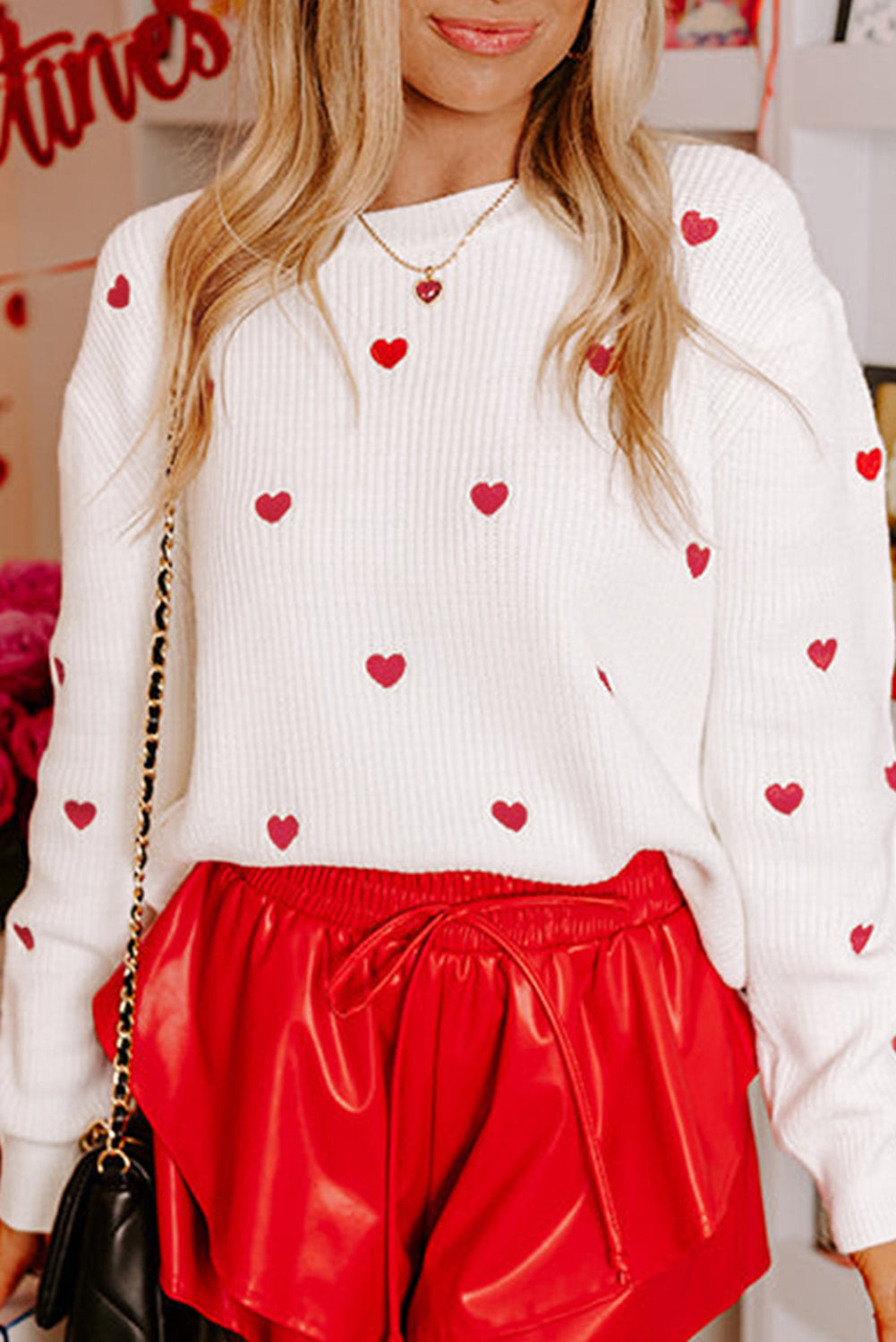 White Heart Shape Drop Shoulder Round Neck Sweater - Aaria Tees