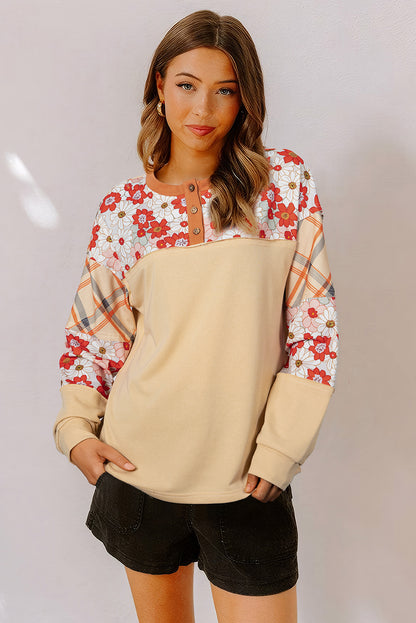 Parchment Floral Plaid Patchwork Casual Top