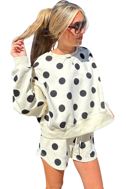 Beige Polka Dot Print Drop Shoulder Pullover Drawstring Shorts Set