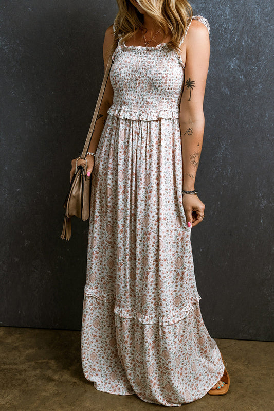 White Lace Frilly Straps Shirred Floral Maxi Dress Aaria Tees
