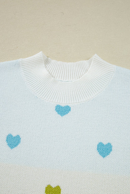 Colorblock Heart Mock Neck Drop Shoulder Sweater