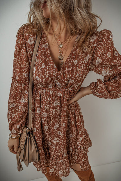 Ashley Boho Floral Puff Sleeve Mini Dress - Aaria Tees