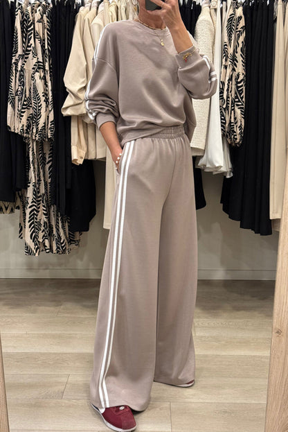 Oatmeal Varsity Striped Detail Cropped Pullover Wide Leg Pants 2pcs Outfit
