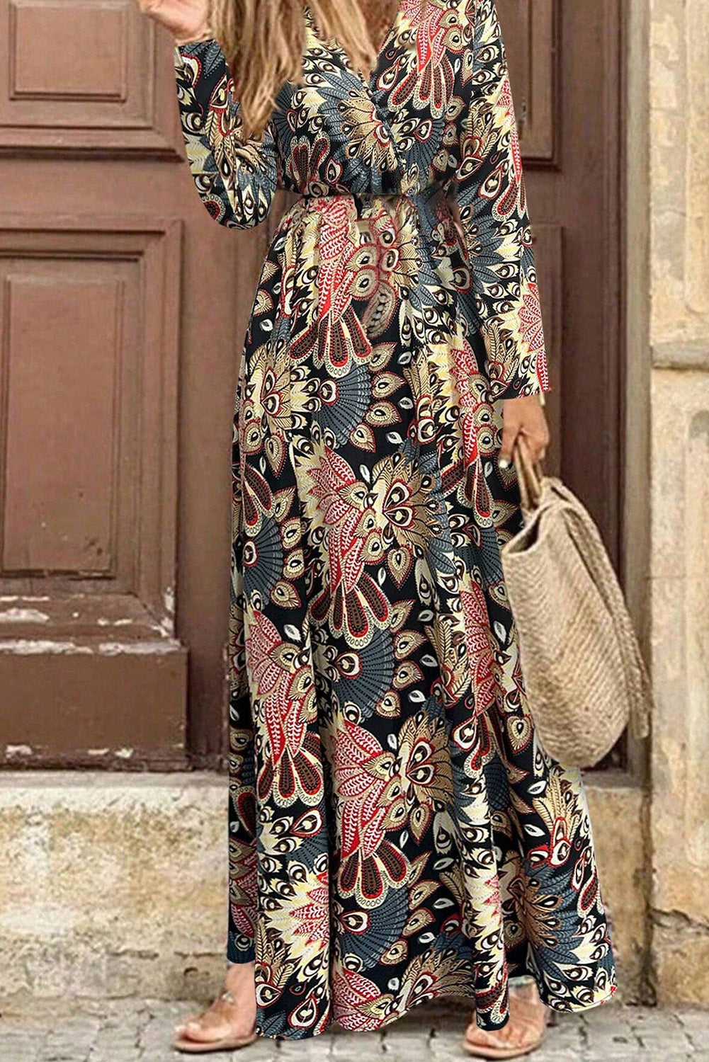 Black Floral Print V Neck Wrap High Waist Maxi Dress Aaria Tees