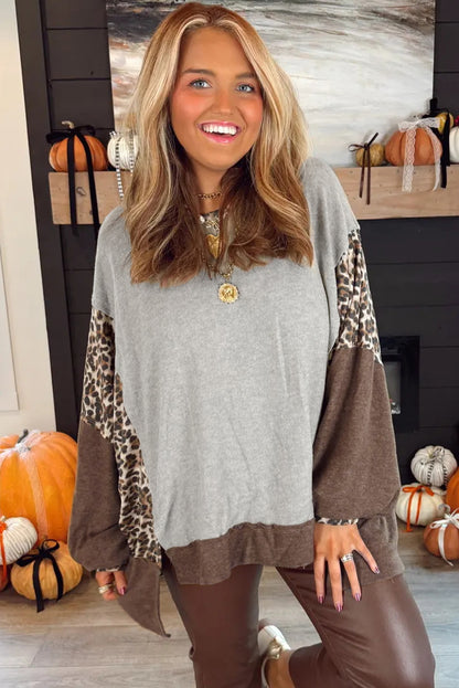 Gray Color Block Leopard Patchwork Dolman Sleeve High Low Baggy Sweatshirt