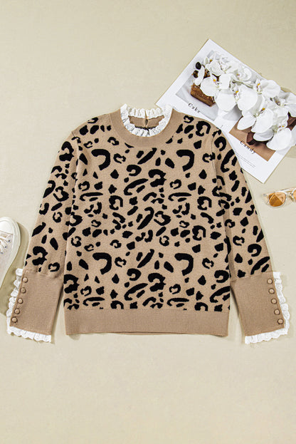 Plus Size Leopard Knit Lacy Trim Long Sleeve Sweater