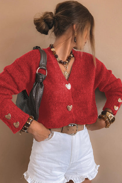 Fiery Red Heart Metal Button V Neck Cardigan Sweater