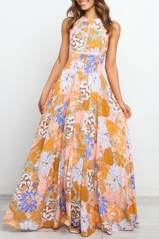 Orange Boho Floral Backless Lace up Sleeveless Maxi Dress Aaria Tees