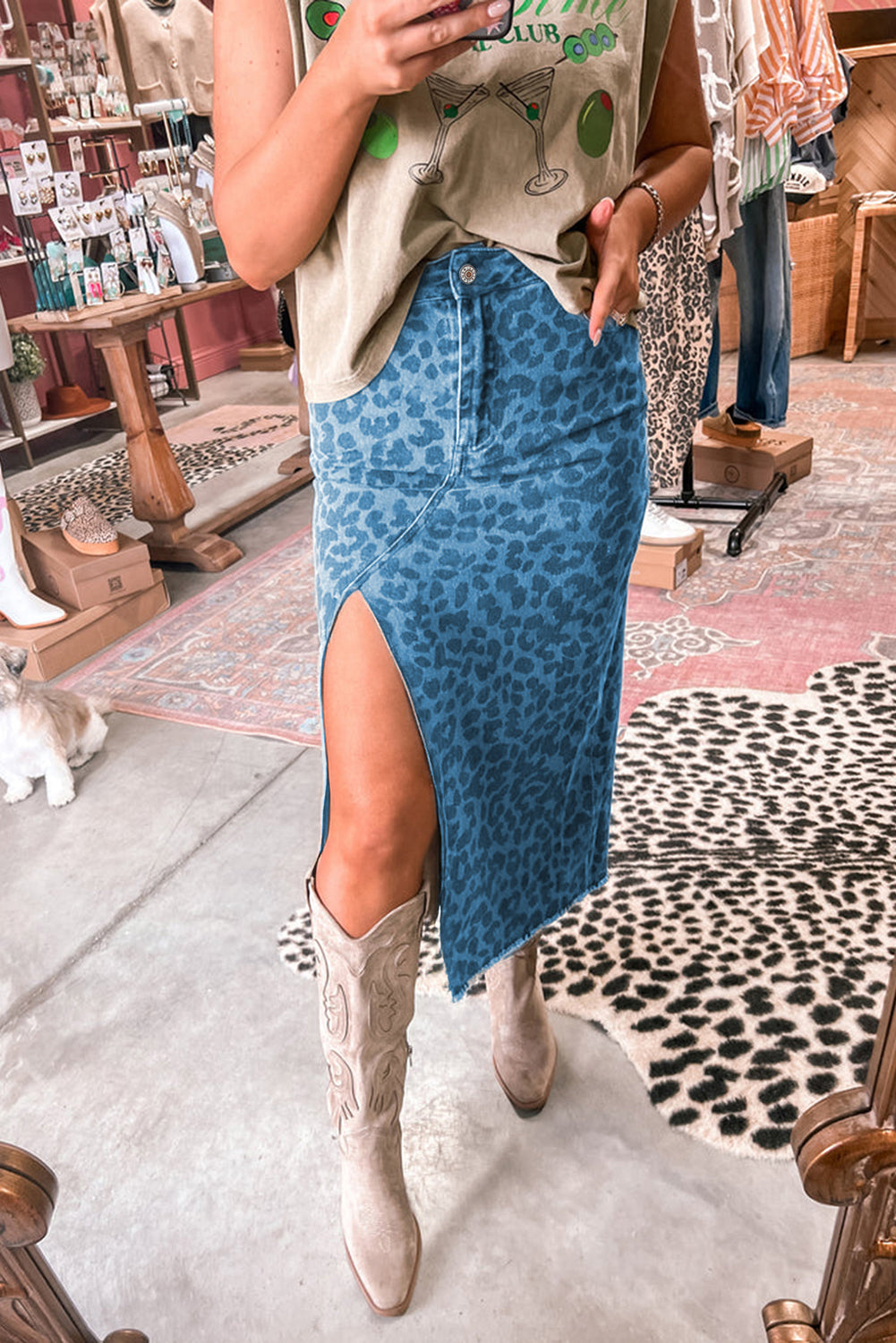 Sky Blue Leopard Denim Frayed Split Denim Midi Skirt