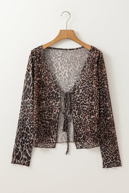 Leopard Sheer Mesh V-Neck Lace-up Top