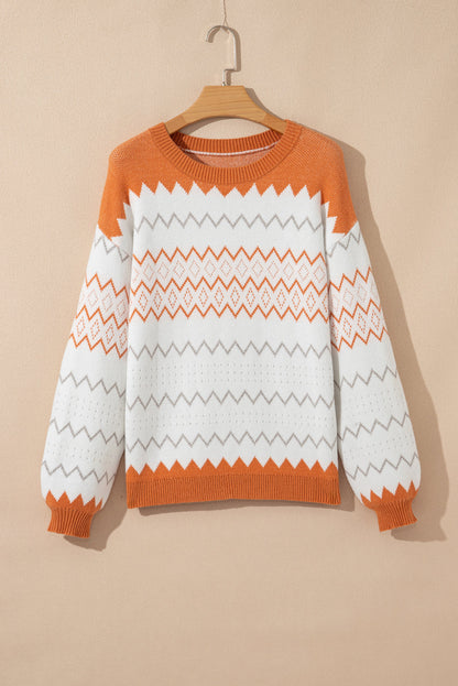Geometric Zigzag Stripe Crewneck Pullover Sweater