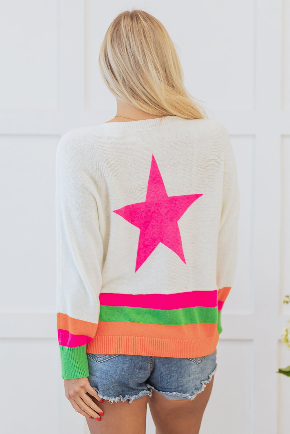 White Star Pattern Colorblock Striped Edge Drop Shoulder Sweater Aaria Tees