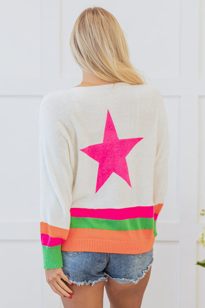 White Star Pattern Colorblock Striped Edge Drop Shoulder Sweater Aaria Tees